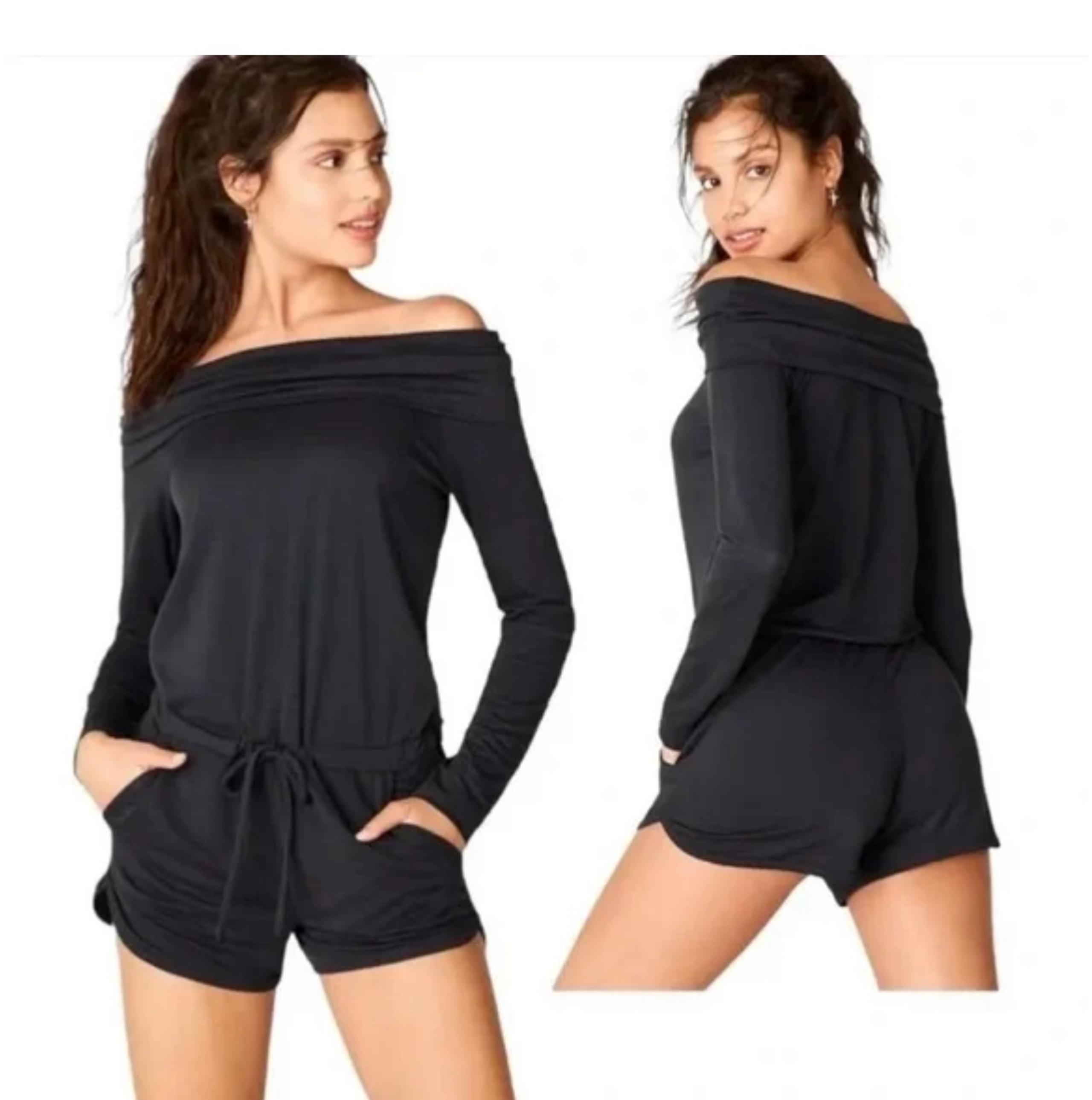 Fabletics NWT black romper off the shoulder lounge wear day out casual  jumpsuit