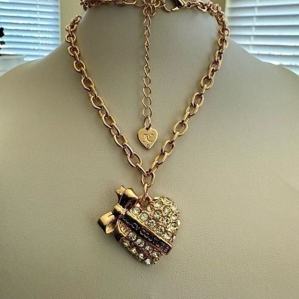 Juicy Couture Heart Pendant Adjustable Necklace And Stud Bow Set Gold New