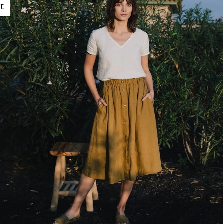 MARSEILLE linen front snap midi skirt - BLACK - Size L