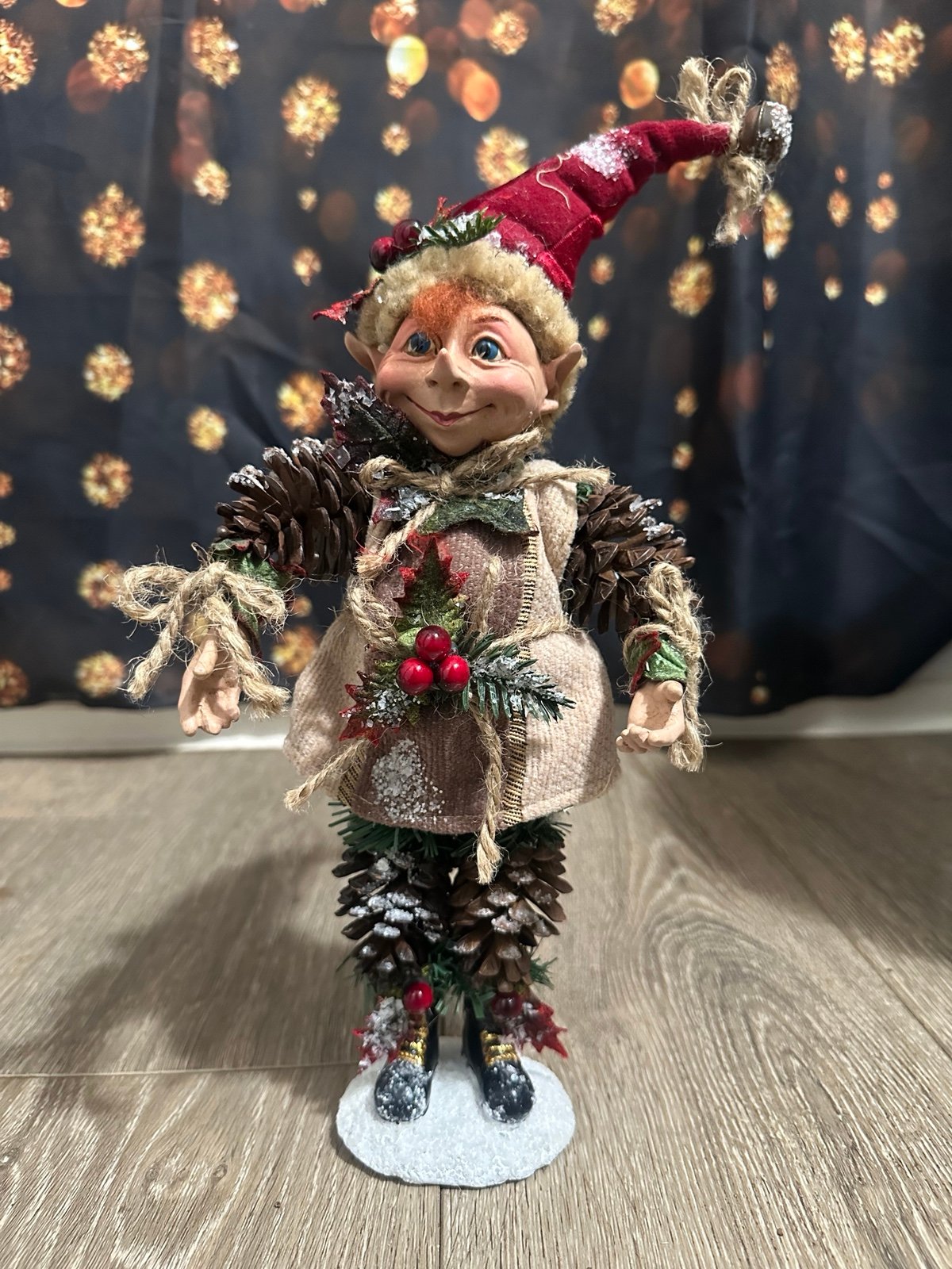 Cute Elf With pinecones Arms Christmas Decor figurine 10.5