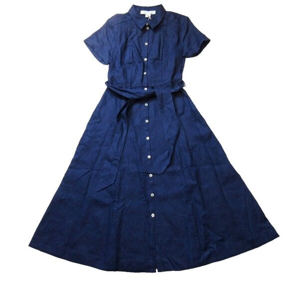NWT Hill House The Lily Midi in Navy Blue Linen Fit & Flare Shirt Dress XXS 2XS