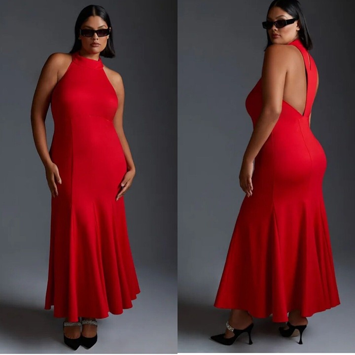 NWT Anthropologie Halter Midi Dress 2X Red Sleeveless Cocktail Open Back 170