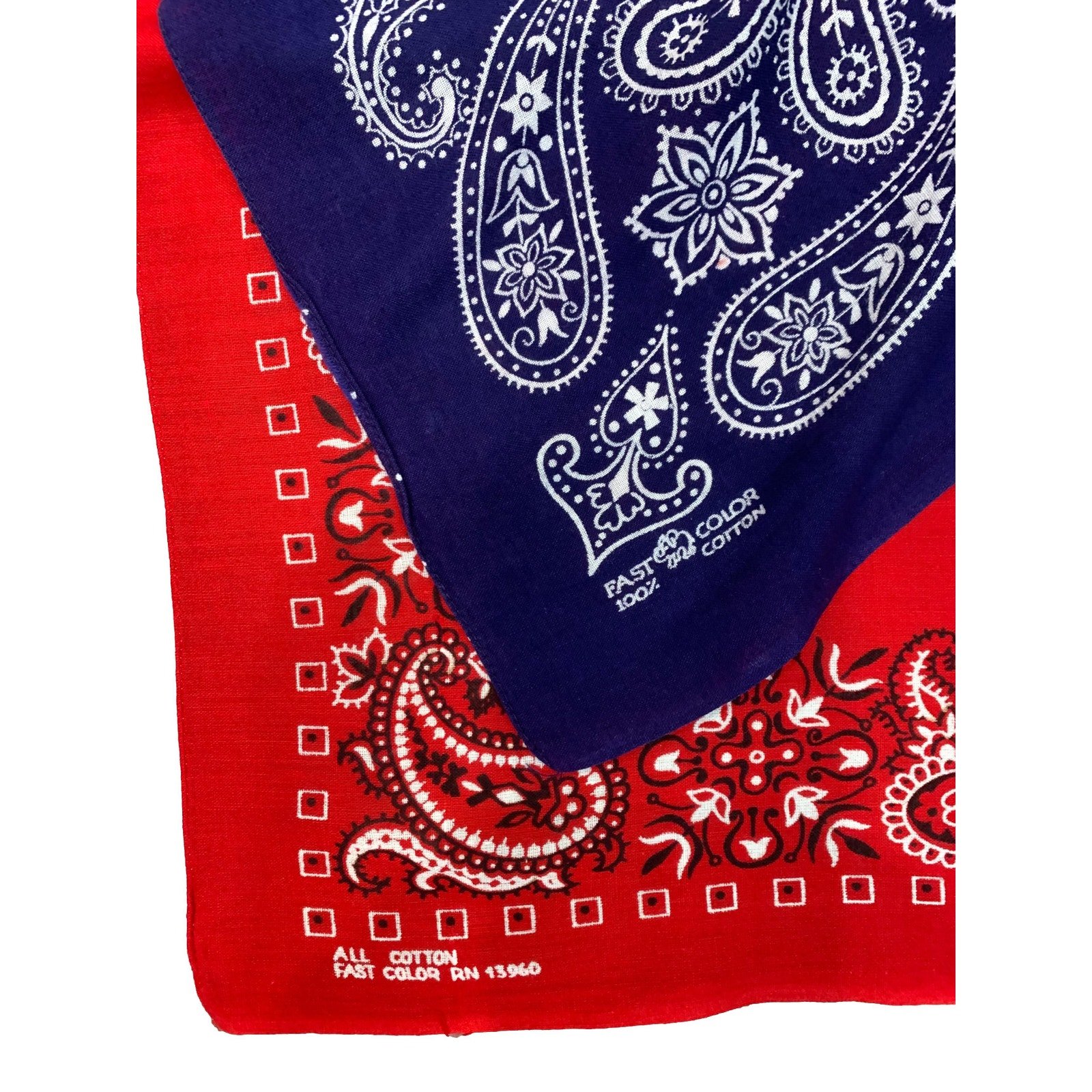2 Vintage Fast Color Bandanas ELEPHANT Red & Blue Paisley Selvedge