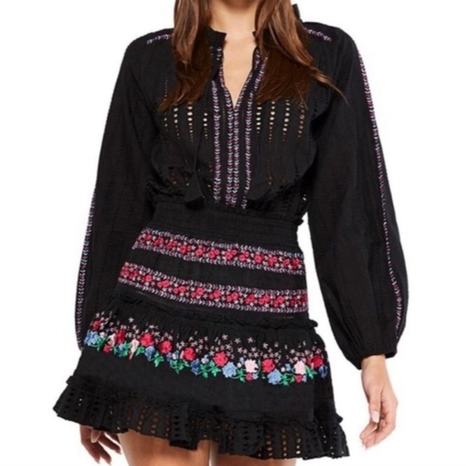 NWT MISA Manuela Embroidered Long Sleeve Mini Dress XS
