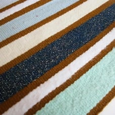 Hand woven artisan yarn wall hanging Janice Maxwell striped rustic aqua blue