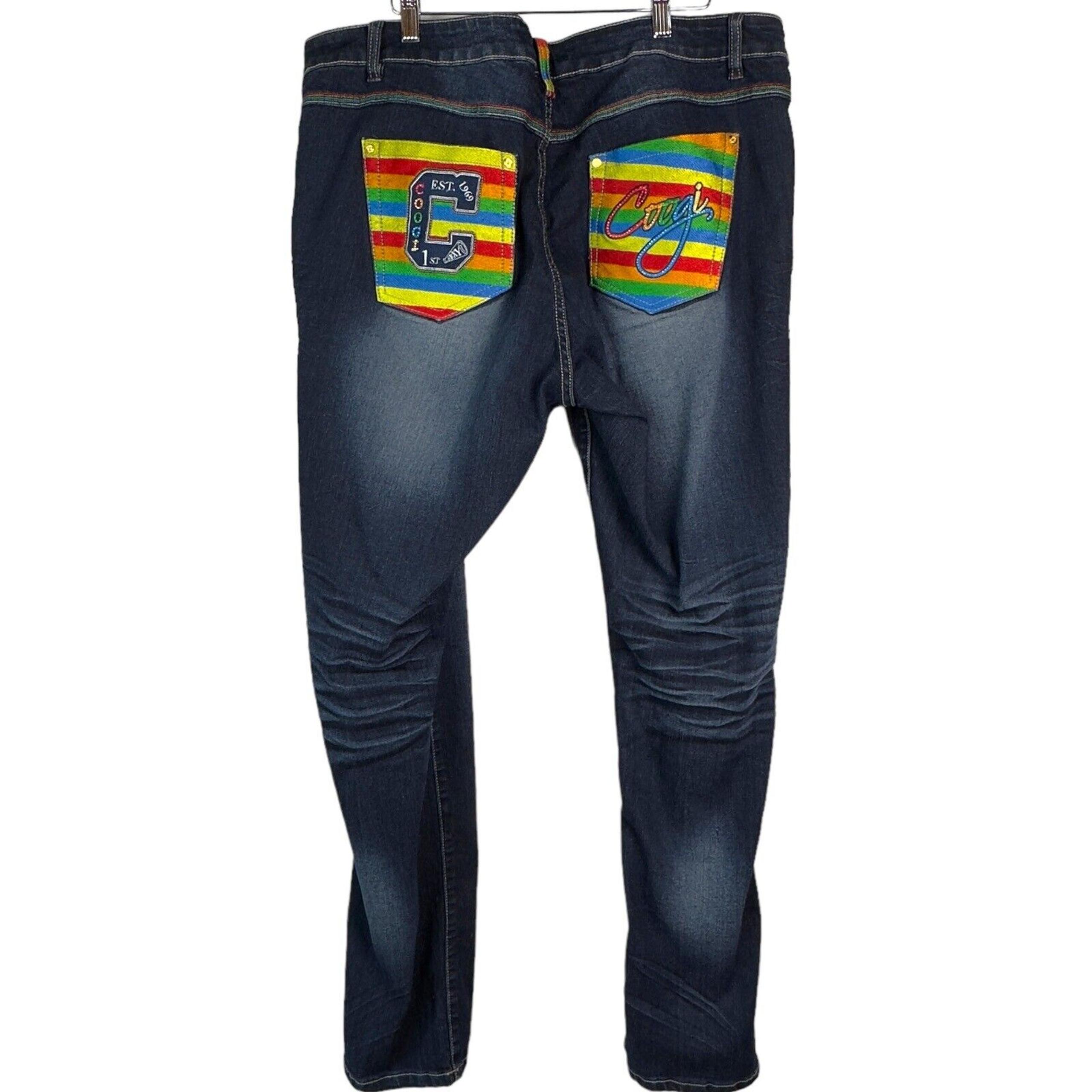 Coogi Embroidered Rainbow Pockets Dark Wash Straight Leg Denim Jeans Size 22