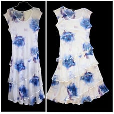 KOMAROV Watercolor Floral Midi Dress Size XL Chiffon Tiered Cocktail Blue/White