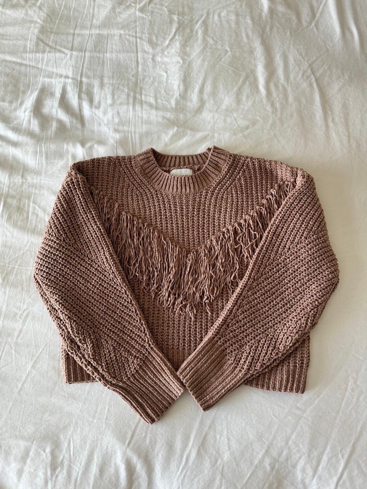 Beige Chunky Open Knit Fringe Detail Sweater