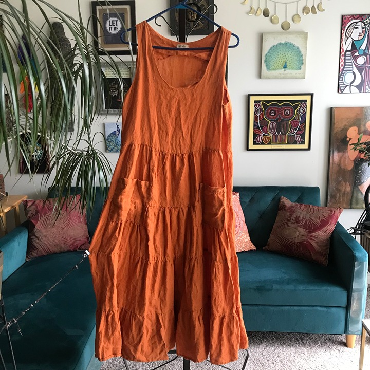 BE LINO size XL Sleeveless Rust Burnt Orange Tiered Linen Maxi Dress Pockets