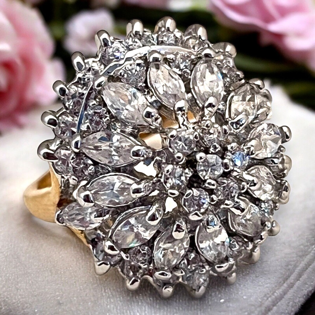 Vintage Ring Size 7 Cubic Zirconia Cluster 14K Gold Plate Mid-Century 14G