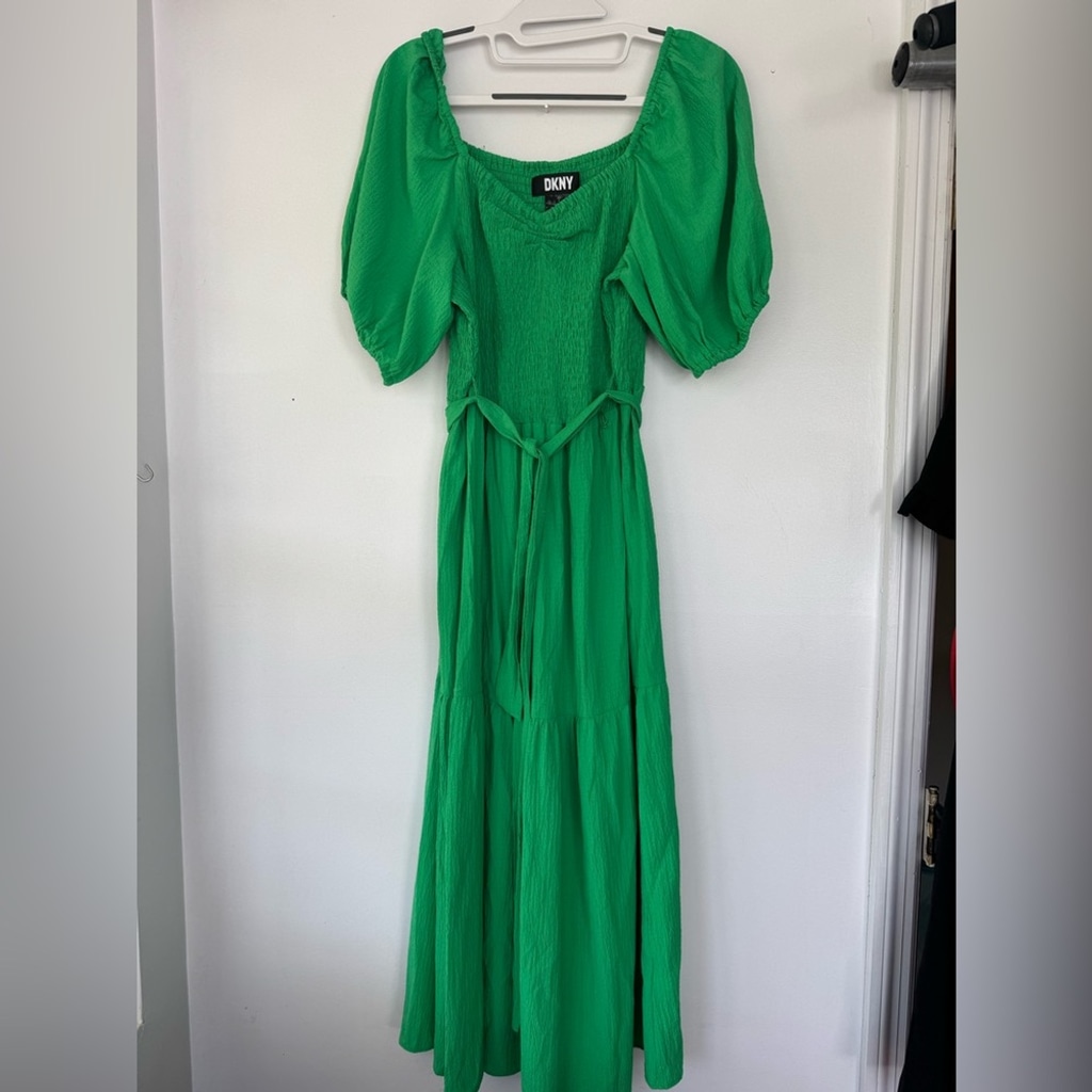 DKNY Green Puff Sleeve Belted Maxi Dress Ruching Size 8
