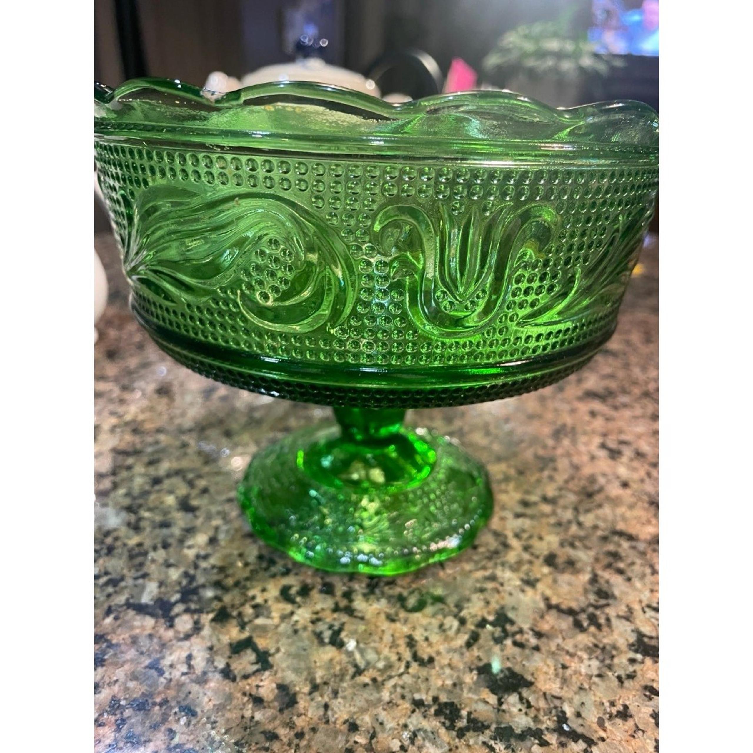 Emerald Green Depression Glass Compote Scalloped Rim Pedestal EO Brody 6.75x5.25