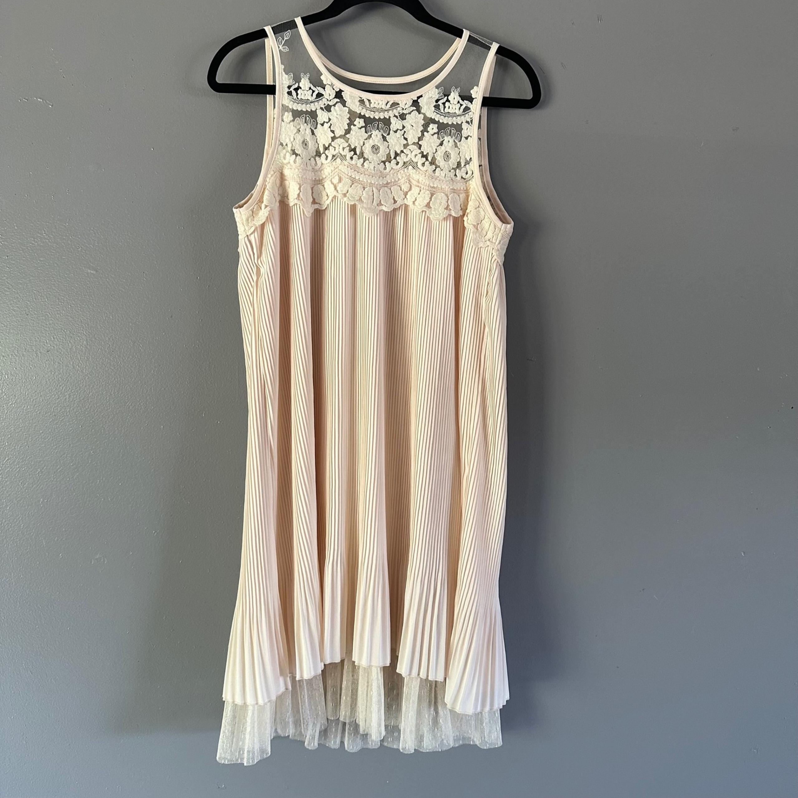 A'reve Accordion Style Pleated A-Line Dress with Lace Trim | Ivory + Dusty Pink
