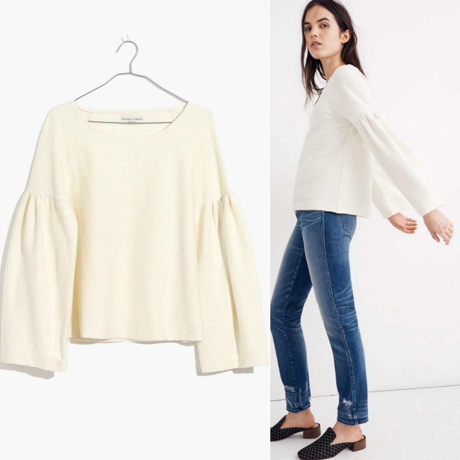 Madewell Texture & Thread Shirred-Sleeve Top Cream