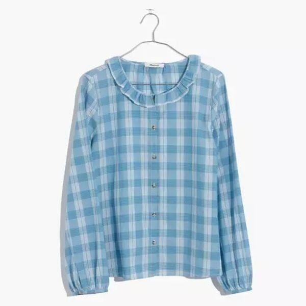 Madewell Ruffle-neck Top in Colwell Plaid | Size XL