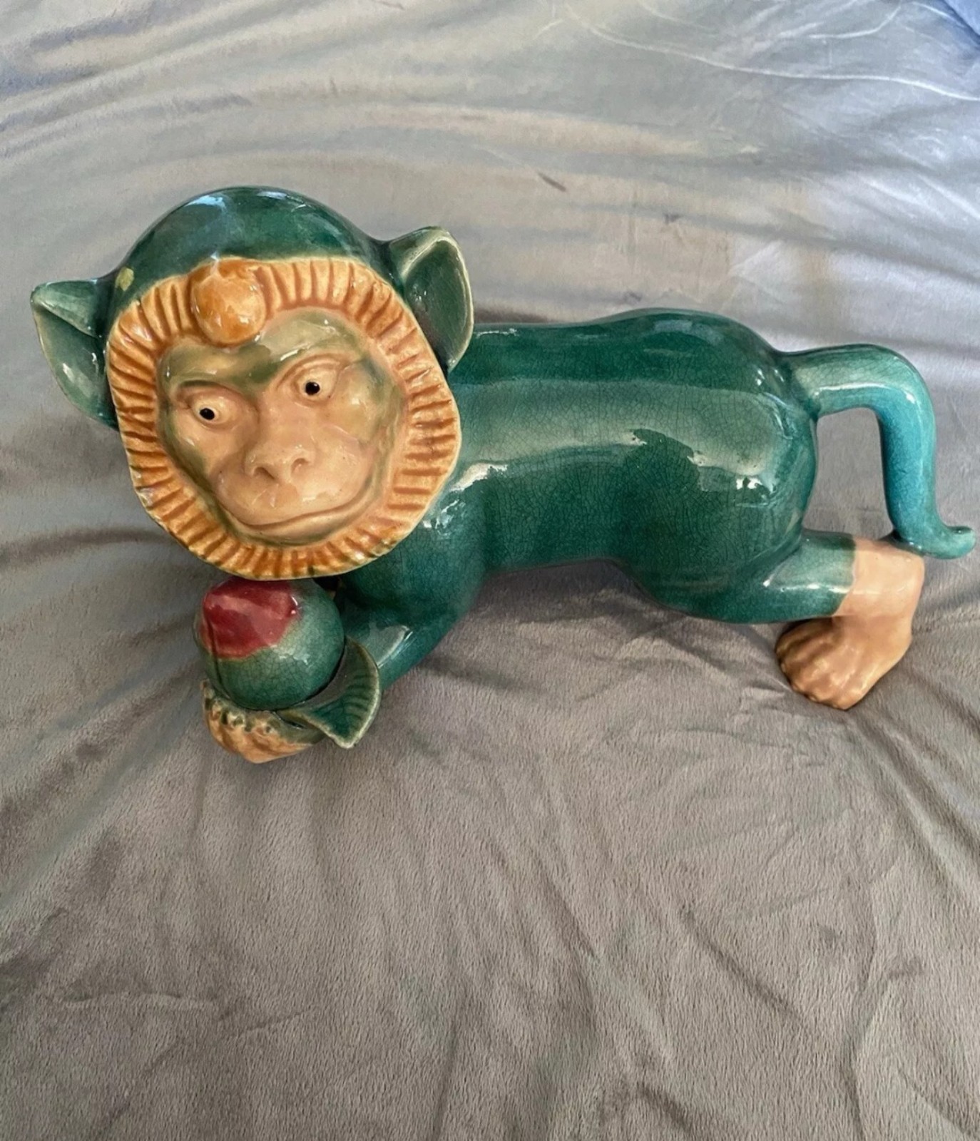 Majolica Green Ceramic Asian Statue Monkey w/ Fruit Good Luck by Oriental Accent