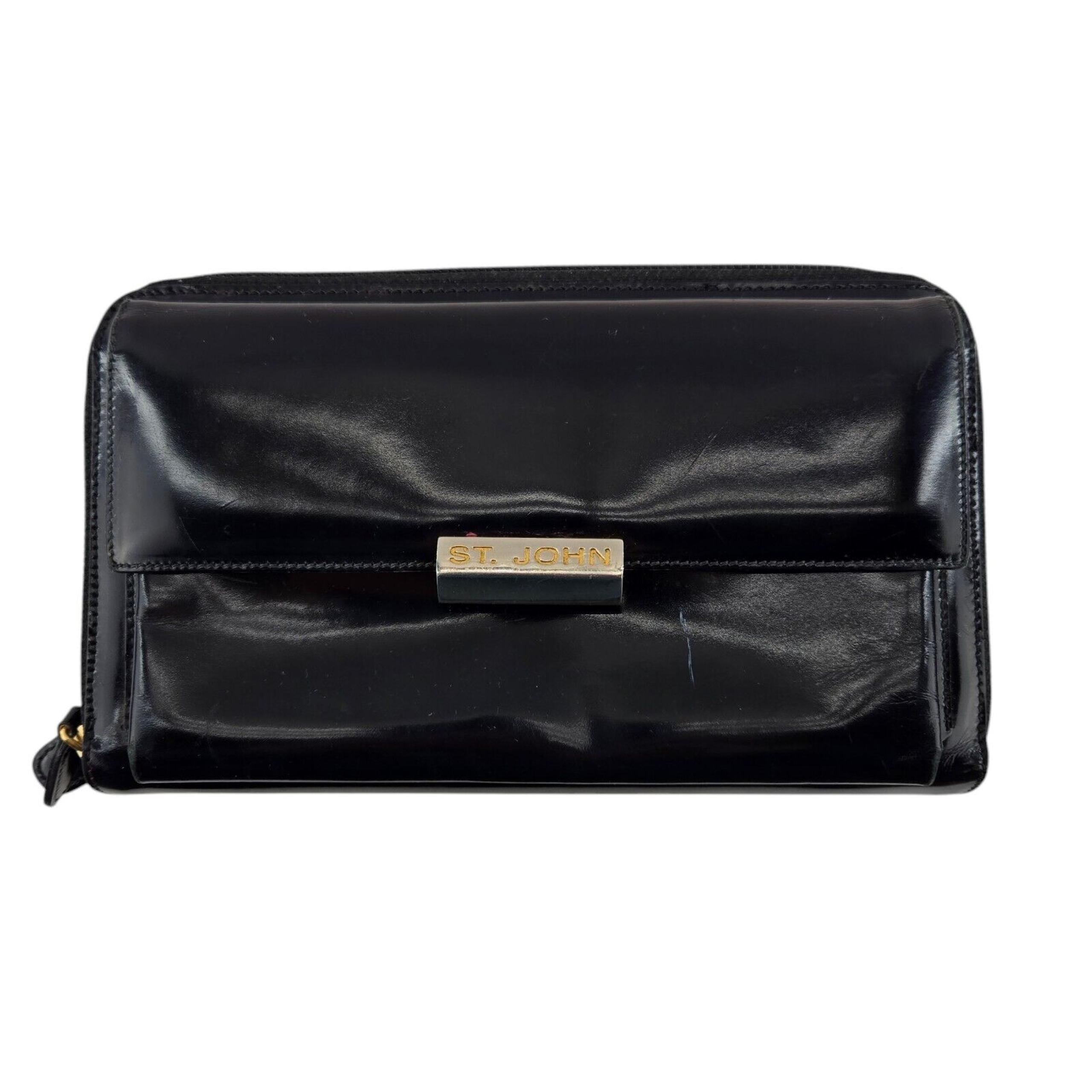 Vintage St John Clutch Purse Wallet Black Patent Leather Gold Tone Logo Italy