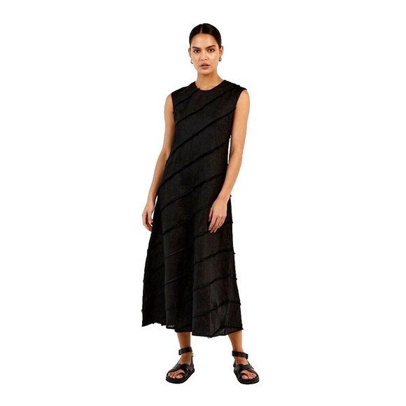 NWT DISSH Alexa in Black Linen Fringe Trim Sleeveless Midi Dress US 4