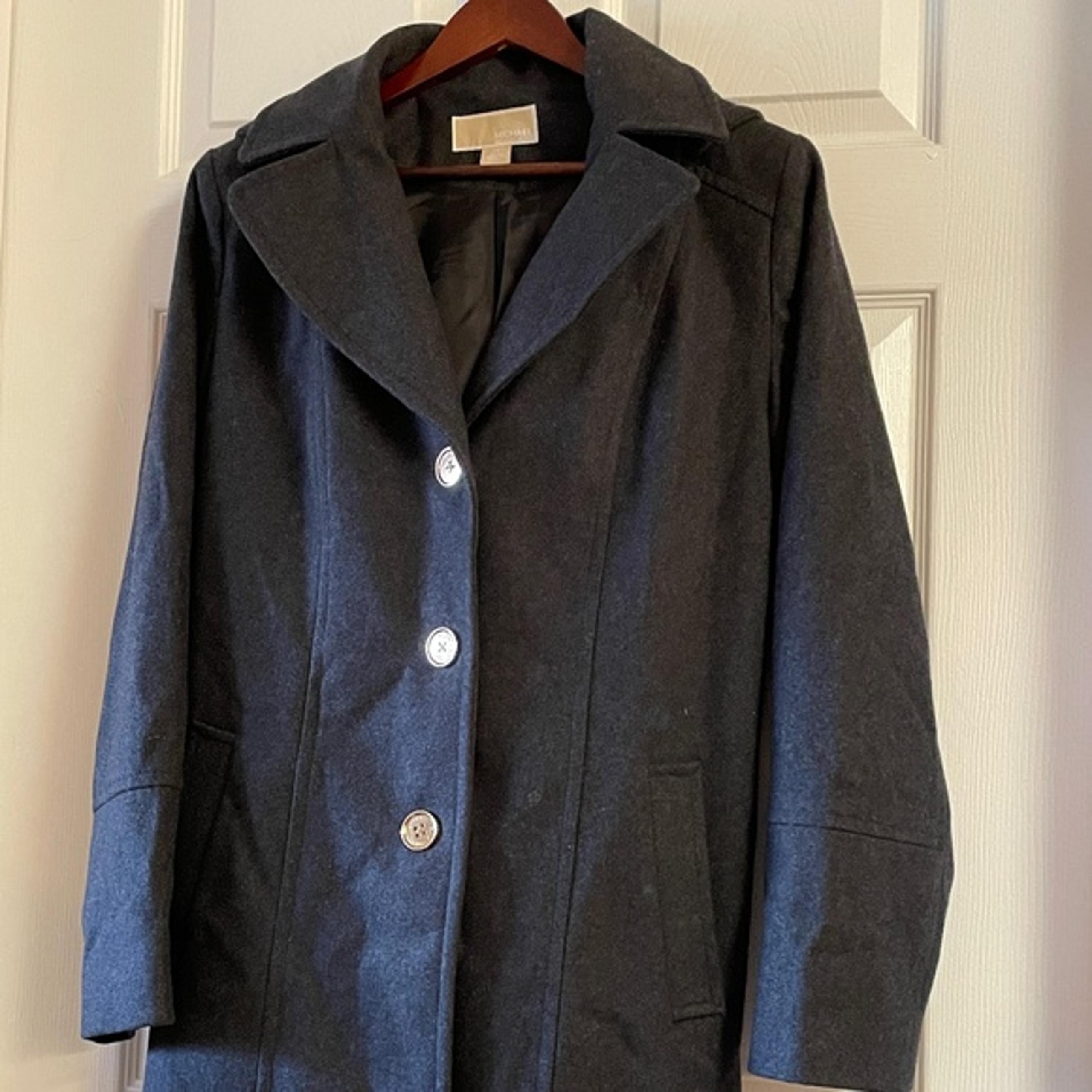 Michael Kors Womens Dark Gray Wool Blend Hooded Hoodie Peacoat Logo Button Sz 12