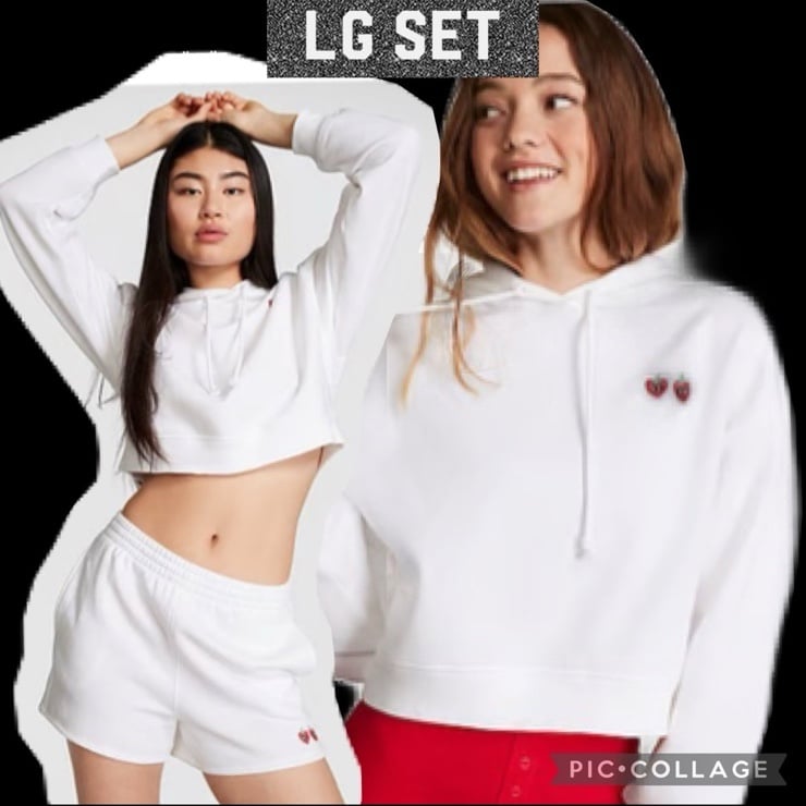 PINK fleece cropped hoodie relaxed shorts lg optic white strawberry logo