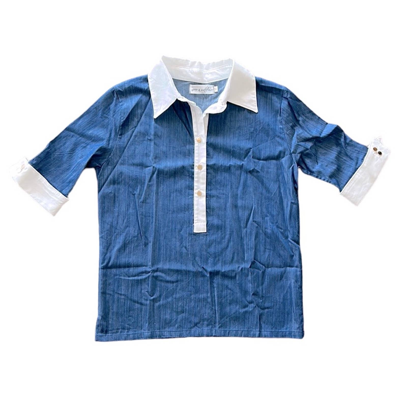 Never A Wallflower Women's Half Sleeve Collared Top Blouse Blue White Size XS