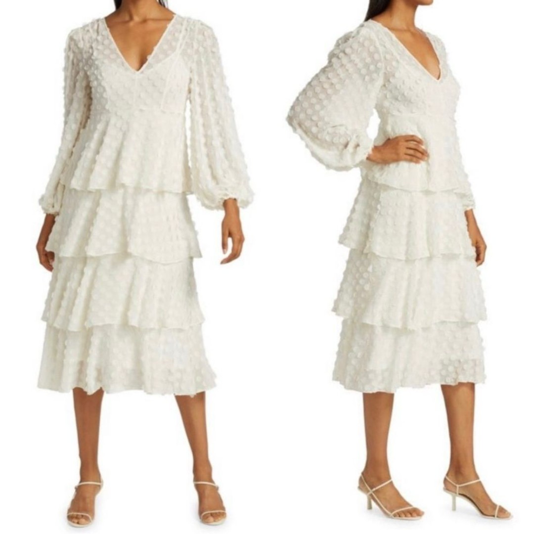 Zimmermann Wild Botanica Textured Dot Tiered Midi Dress Ivory SIZE 0P/US 2P