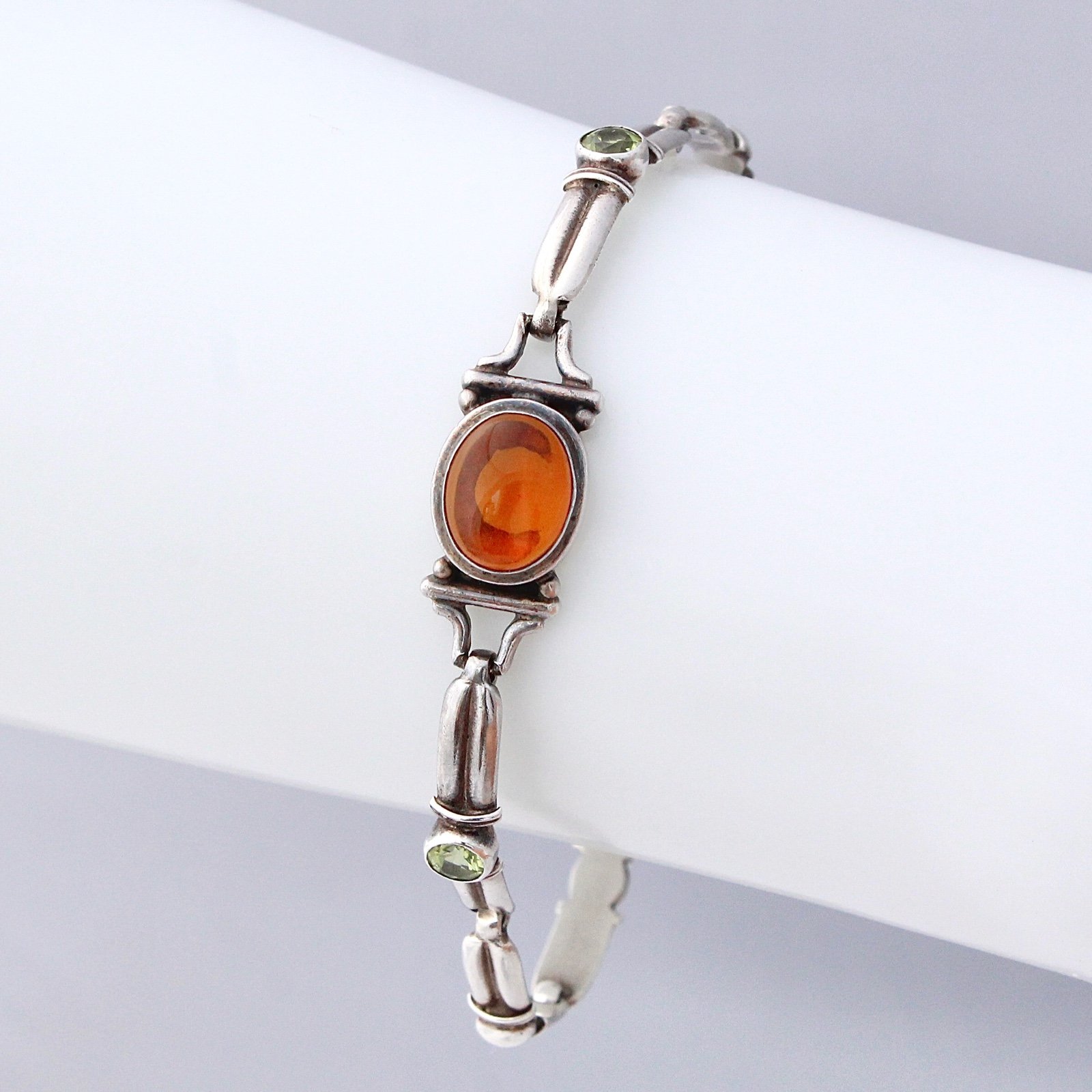 Vintage Genuine Amber & Peridot Sterling Silver Link Bracelet