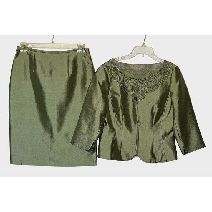 Victor Costa Pistachio Green Silk Satin Blazer+Skirt 2 PC Suit Set