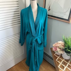 Vintage VICTORIAS SECRET Womens Robe Gold Label Teal Belted Gold Metallic Trim L