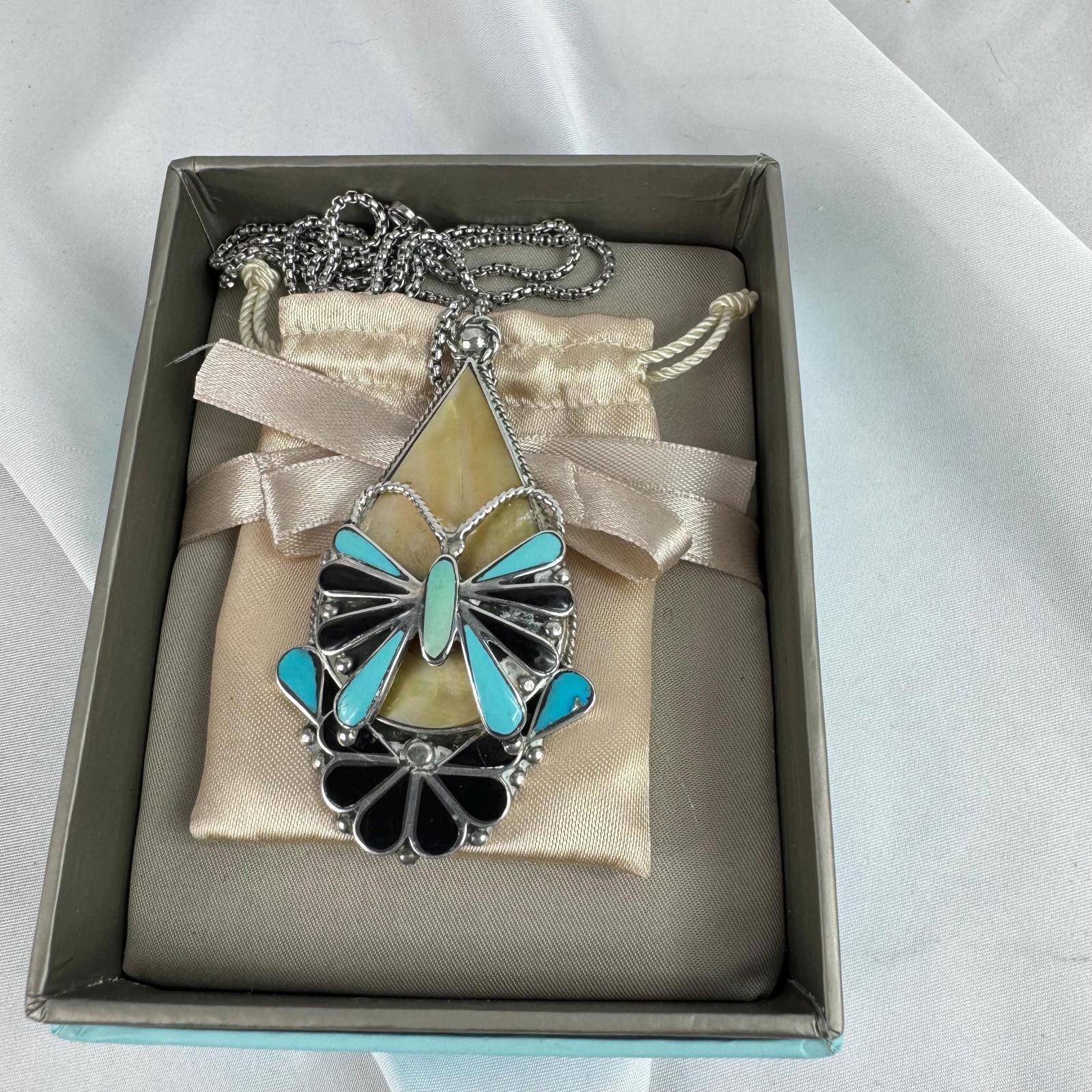 Zuni Native American Tony Ohmsatte Pendant Sterling Butterfly Turquoise Necklace