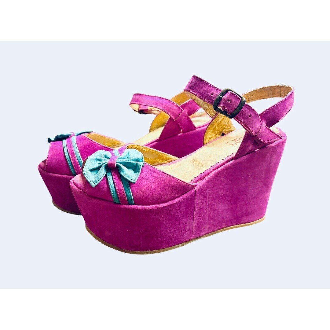 Pink High Wedge Platform Sandals with Blue Bow Detail Doll Barbiecore