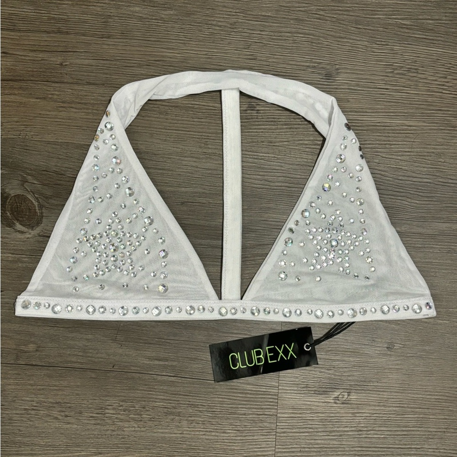 NWT Dolls Kill / Club Exx White Rhinestone Triangle Bra Top Size XXL