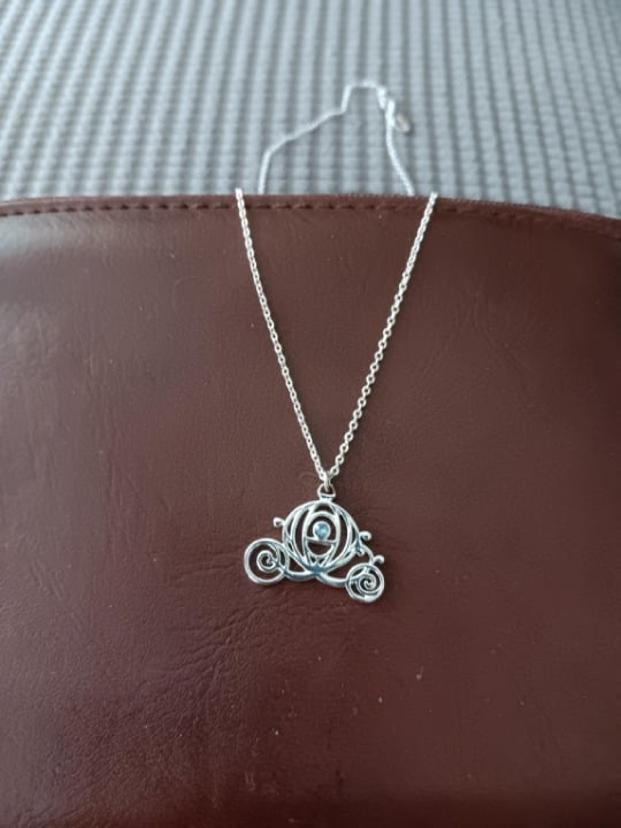 necklace silver tone Disney carriage blue rhinestone pendant 18 inches