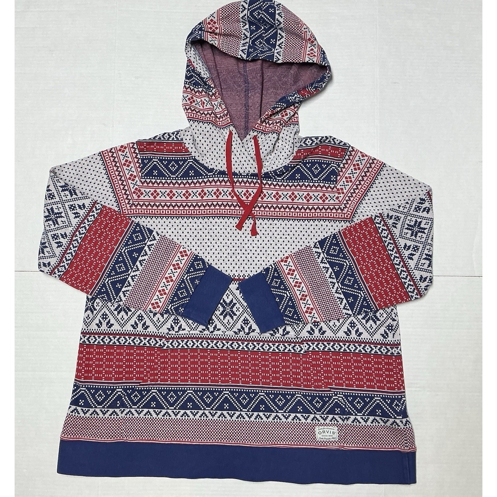 Orvis Sweater Womens L Nordic Fair Isle Hooded Pullover Knit Red White Blue