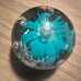 Vintage Clear Art Glass Paperweight Teal Flower & Controlled Center Bubble