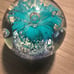 Vintage Clear Art Glass Paperweight Teal Flower & Controlled Center Bubble