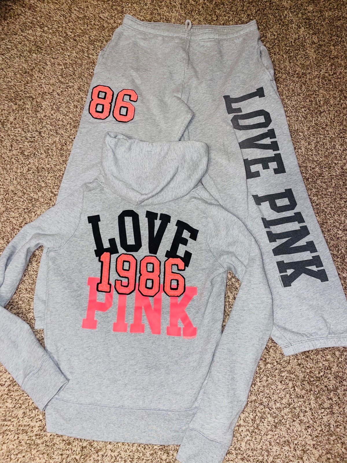 VS PINK rare vintage grey neon 86 love jogger pants pullover hoodie outfit L set
