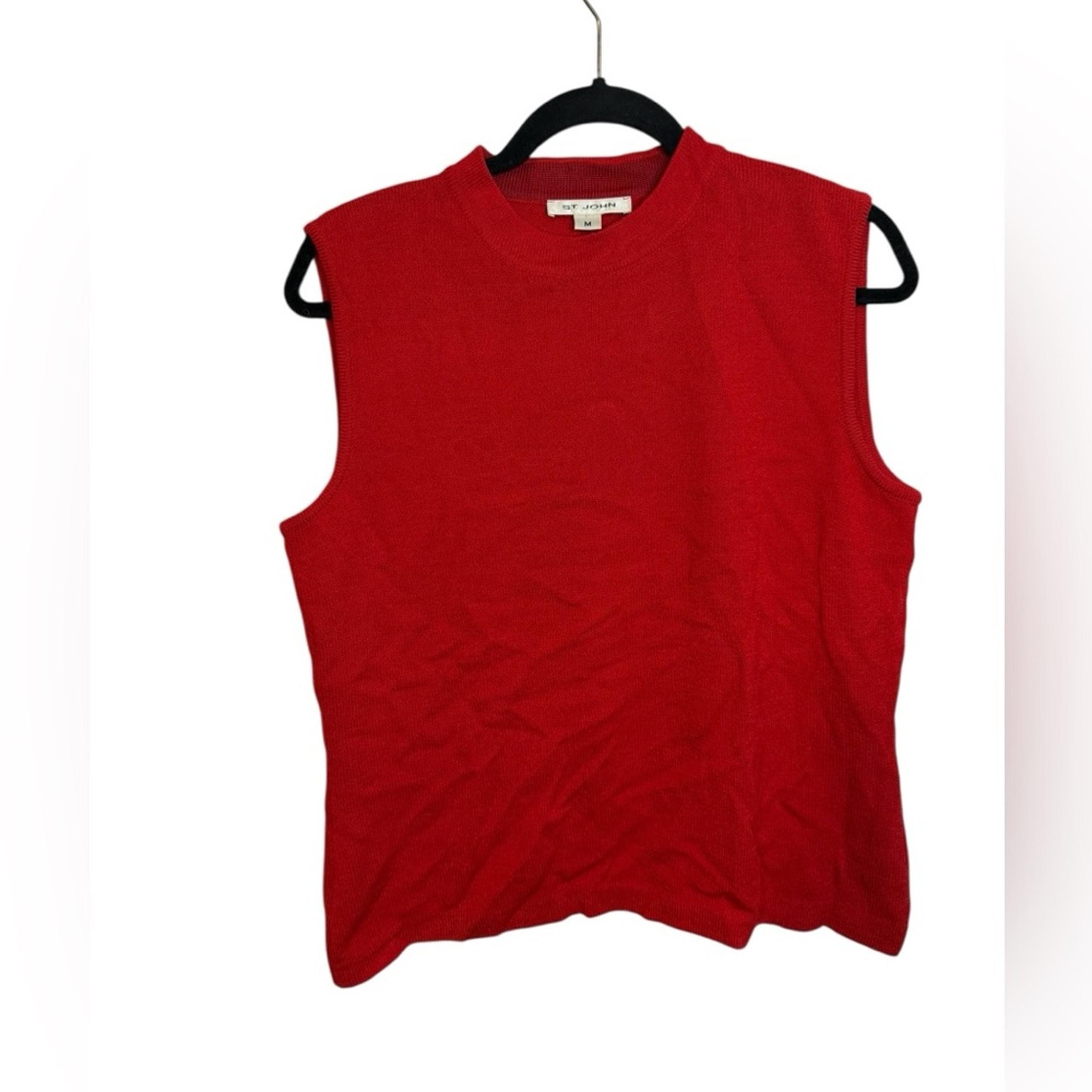 St. John Red Wool Santana Knit Mock Neck Sleeveless Blouse