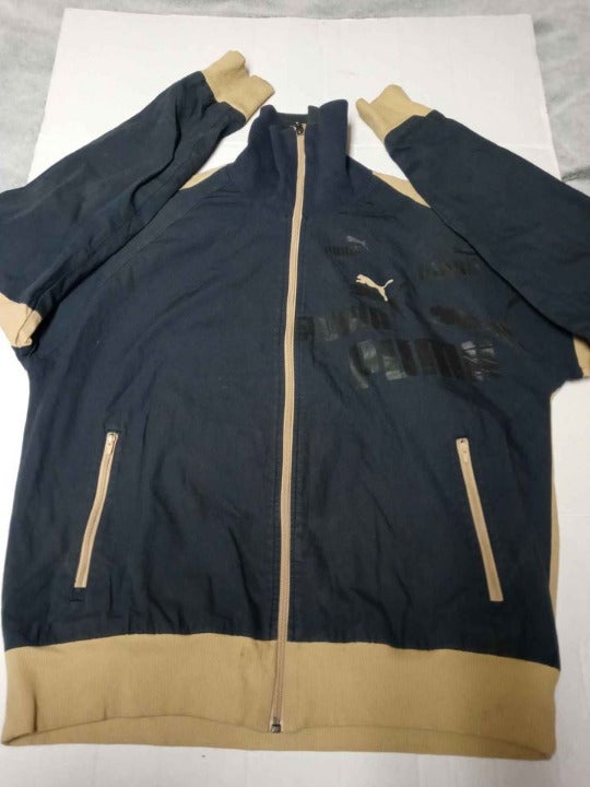 Vintage Puma Mens Size Medium Nineteen 48 Jacket Coat Full Zip Blue Tan Long Sle