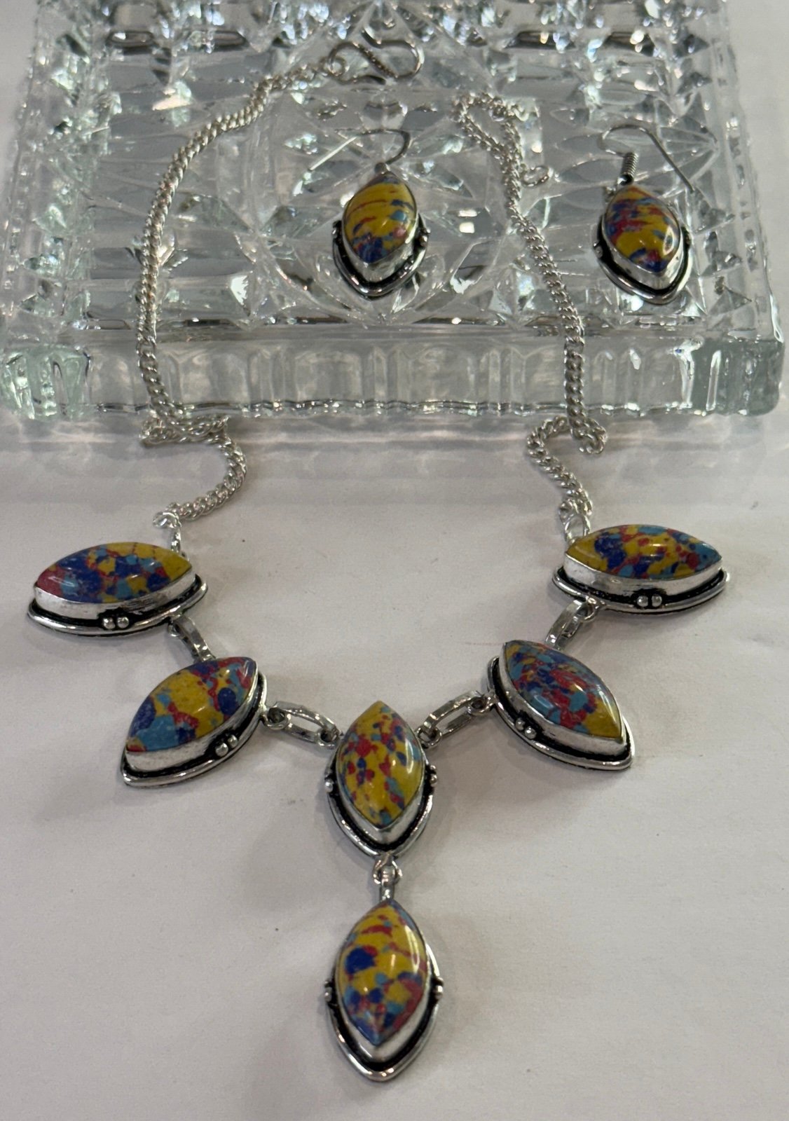 Sterling Silver Mosaic Jasper Necklace and Earring Set – Colorful Teardrop NEW