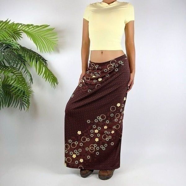 Vintage 90s Fairy Grunge Floral Bohemian Low Rise Maxi Slinky Skirt / Size: M