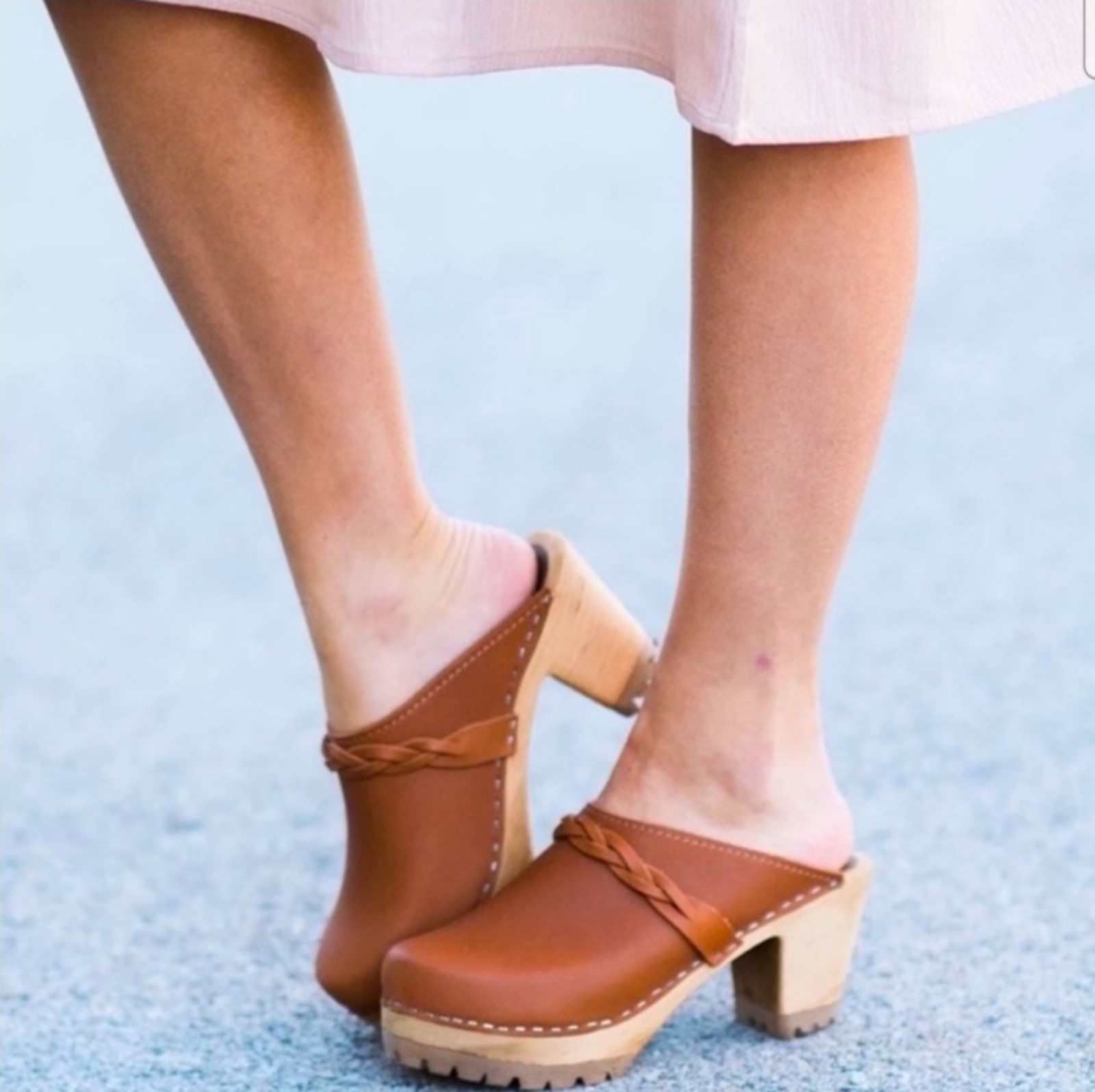 MIA Elsa Heeled Wooden Tan Leather Braided Clogs Women's Size 7 Women's