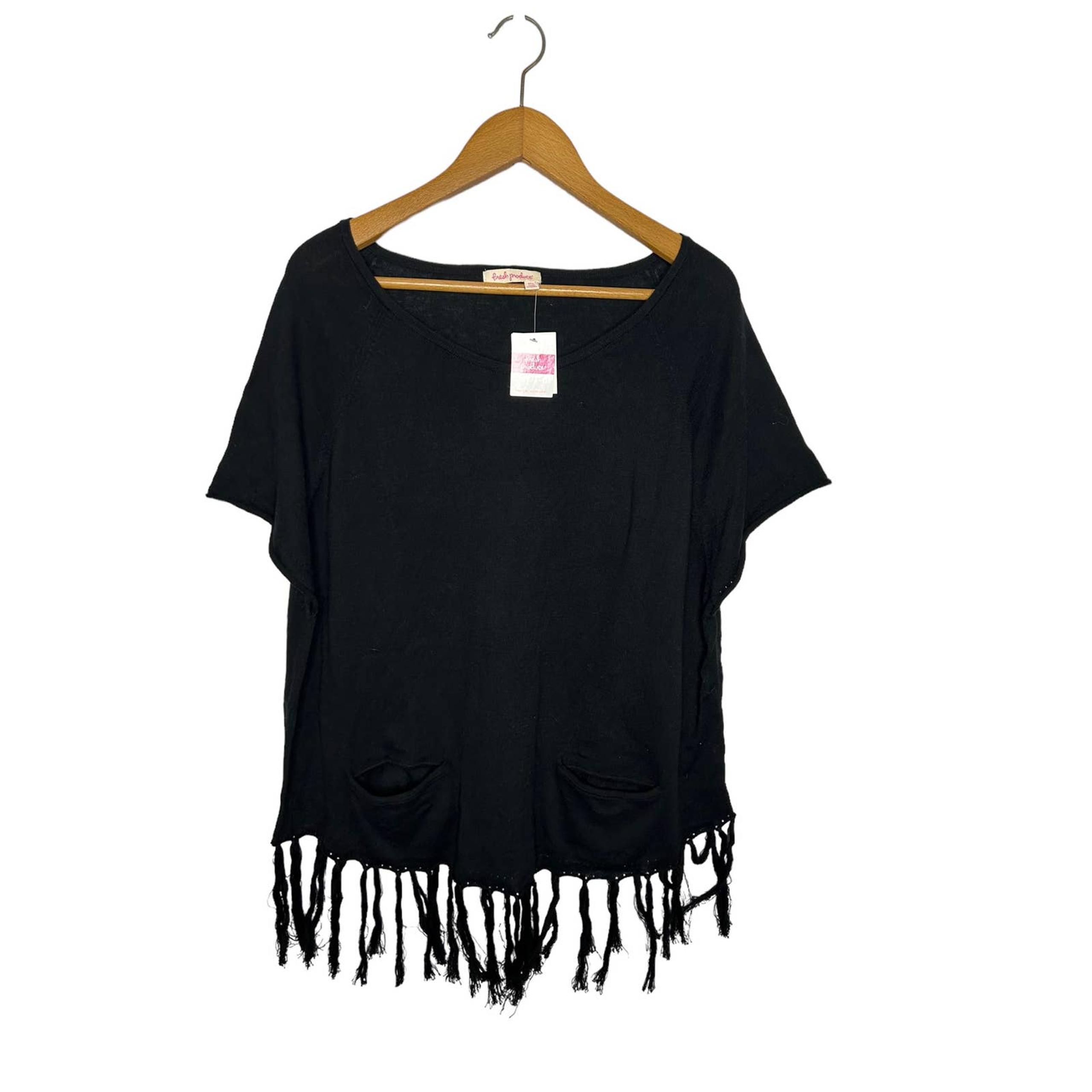 Fresh Produce sz Medium/Large black fringe sweater boxy scoop neck pocket