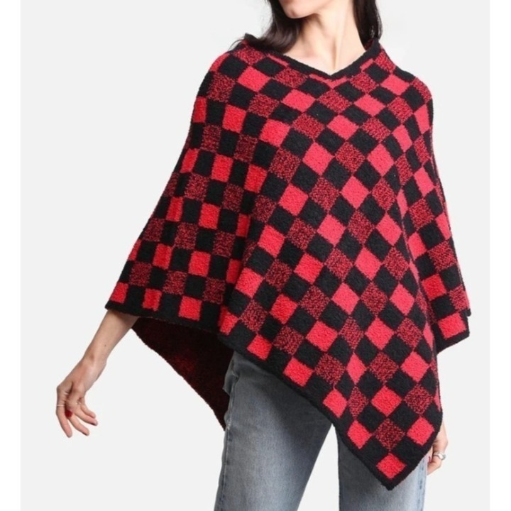 COMFY LUXE WOMENS BUFFALO RED/BLACK CHECK PATTERN LUXURY SOFT PONCHO - OS