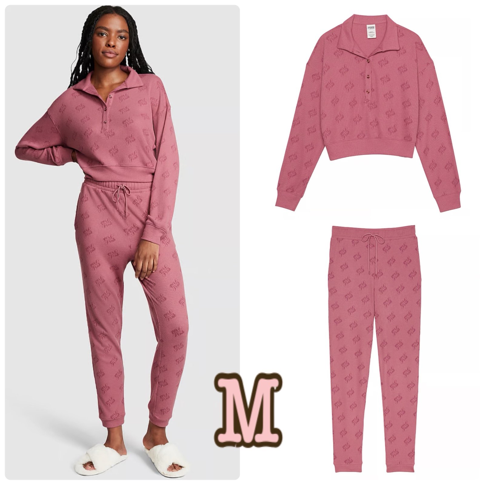 VS PINK Thermal Sleep Shirt Jogger Pants Set M Soft Begonia