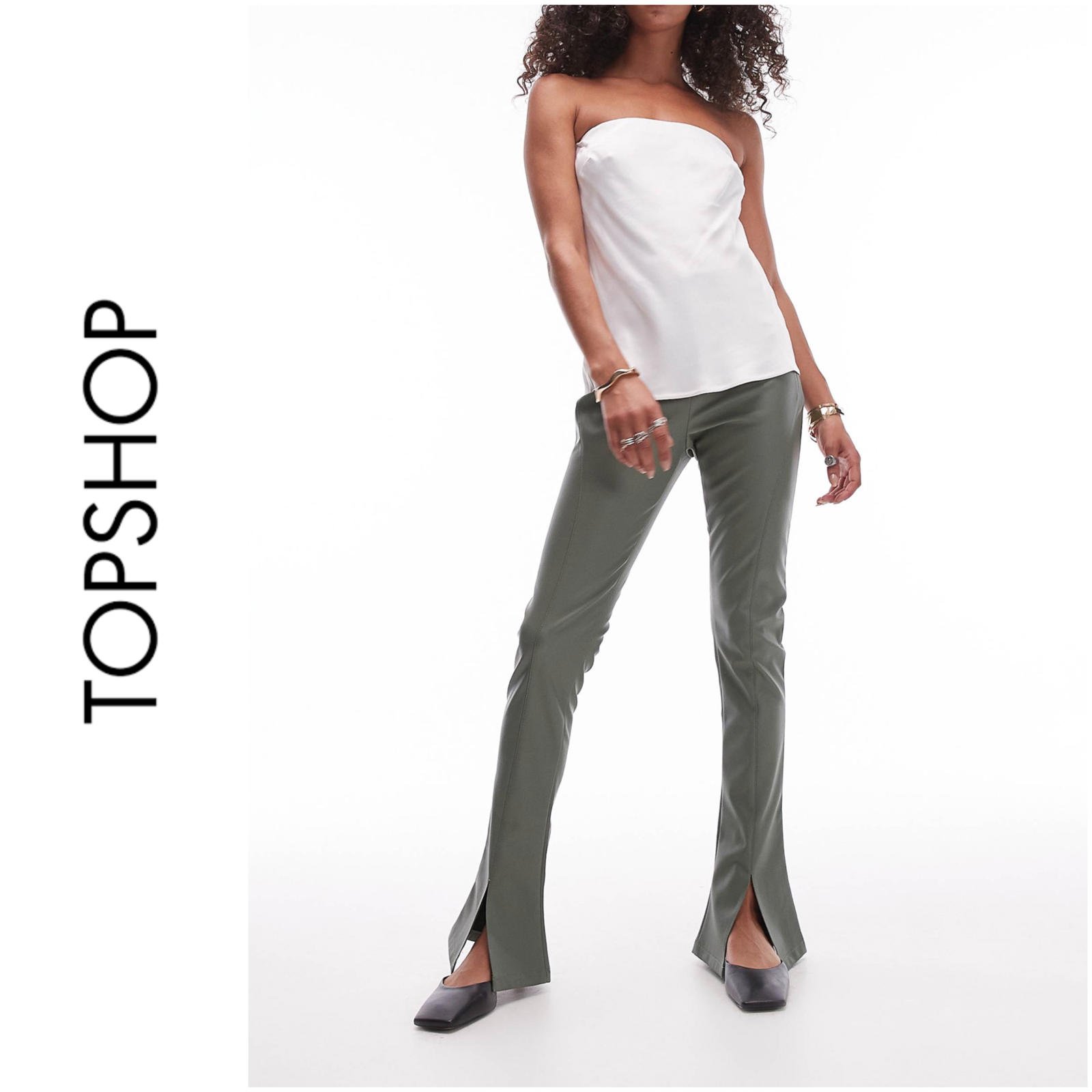 NWT TOPSHOP | SZ 0 | High Rise Faux Leather Seamed Flare Pants Khaki