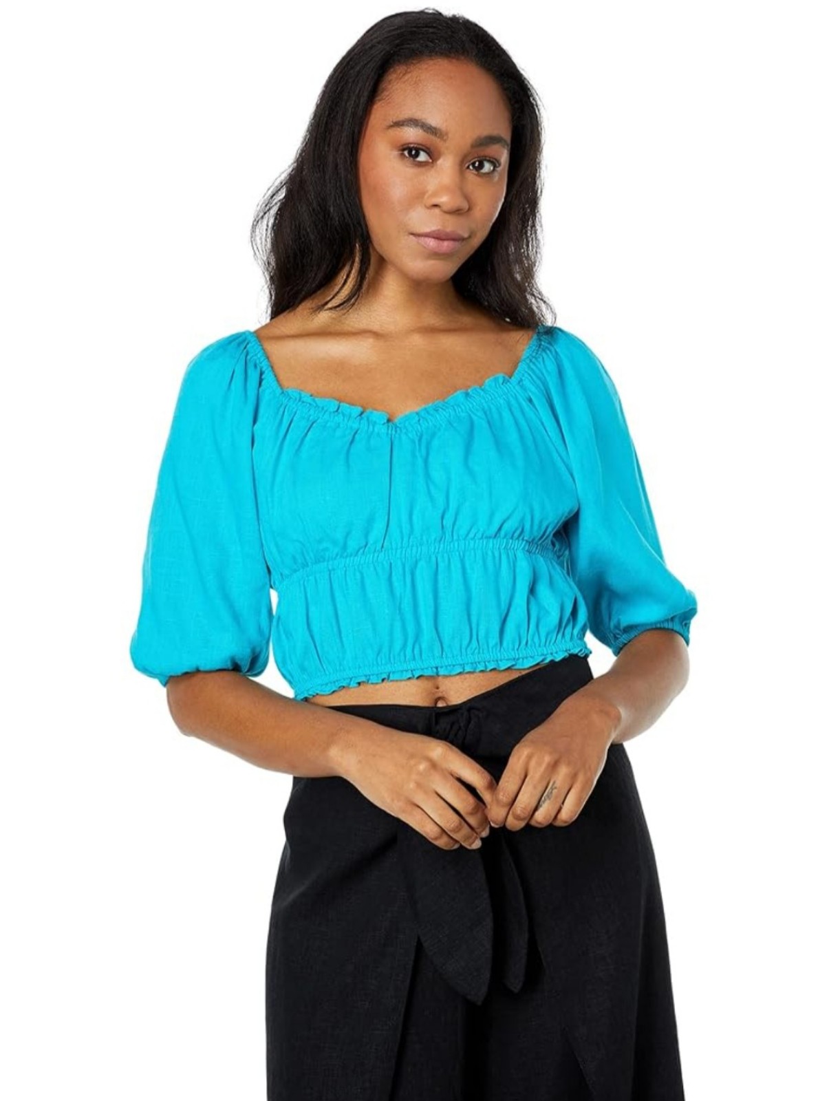 Womens BCBGMaxAzria Puff Sleeve CropBlouse in Bluebird- TurquoiseBlue
