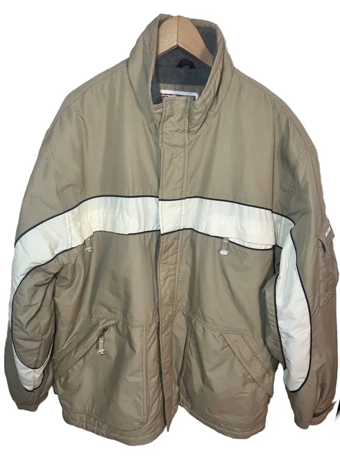 VintagAERO Jacket Mens Large Beige White Full Zip Lined Wind Rain Snow Resistant