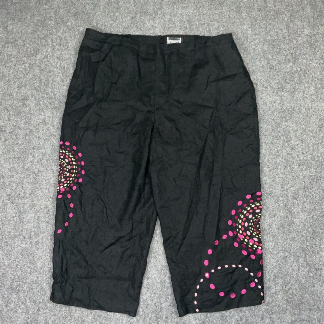 Sara Isabella Pants Womens Size XL Black Irish Linen Floral Embroidery Ankle