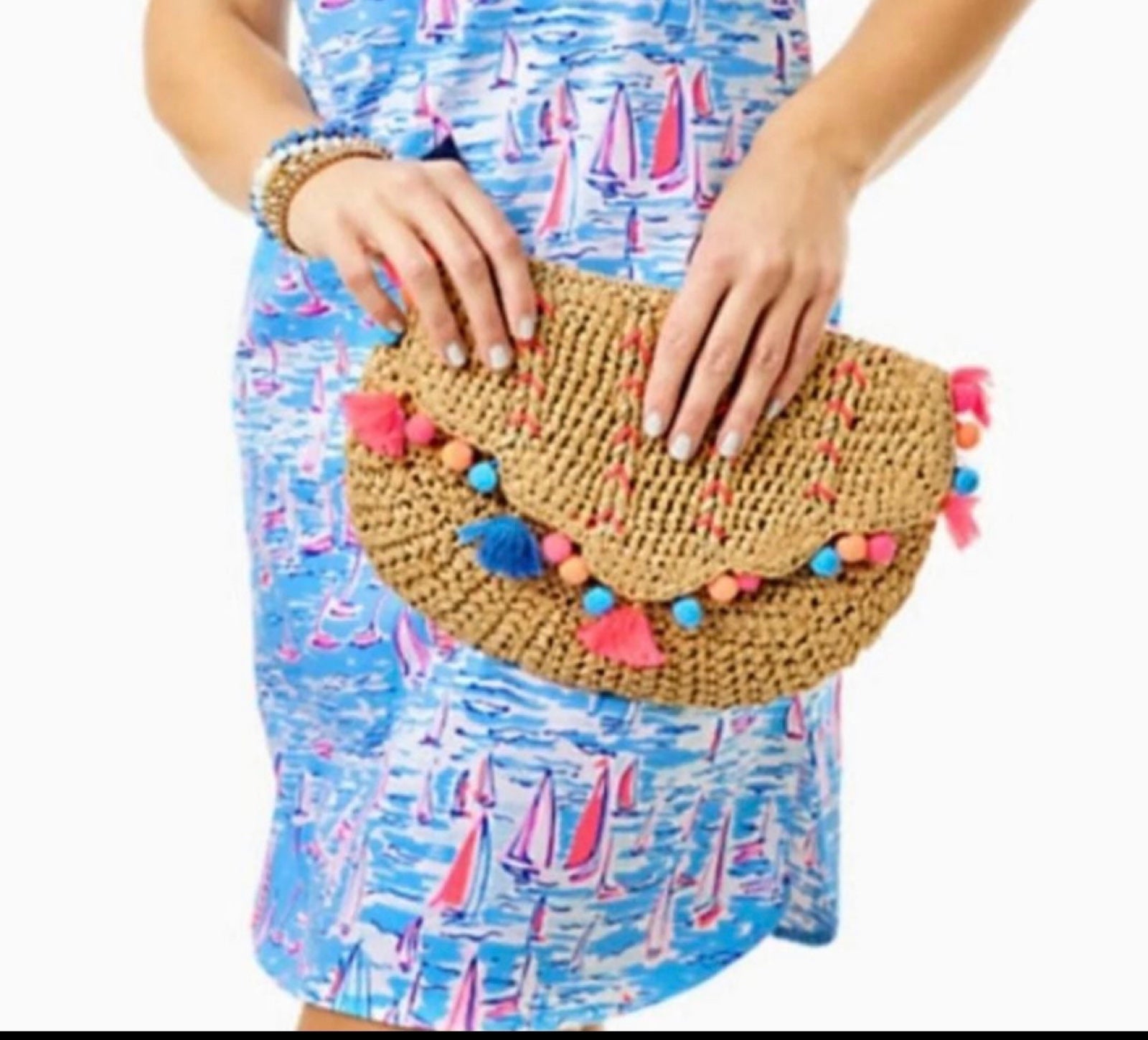 Lilly Pulitzer Clam Shell buy Clutch bag NWOT w/ colorful tassels and Pom poms